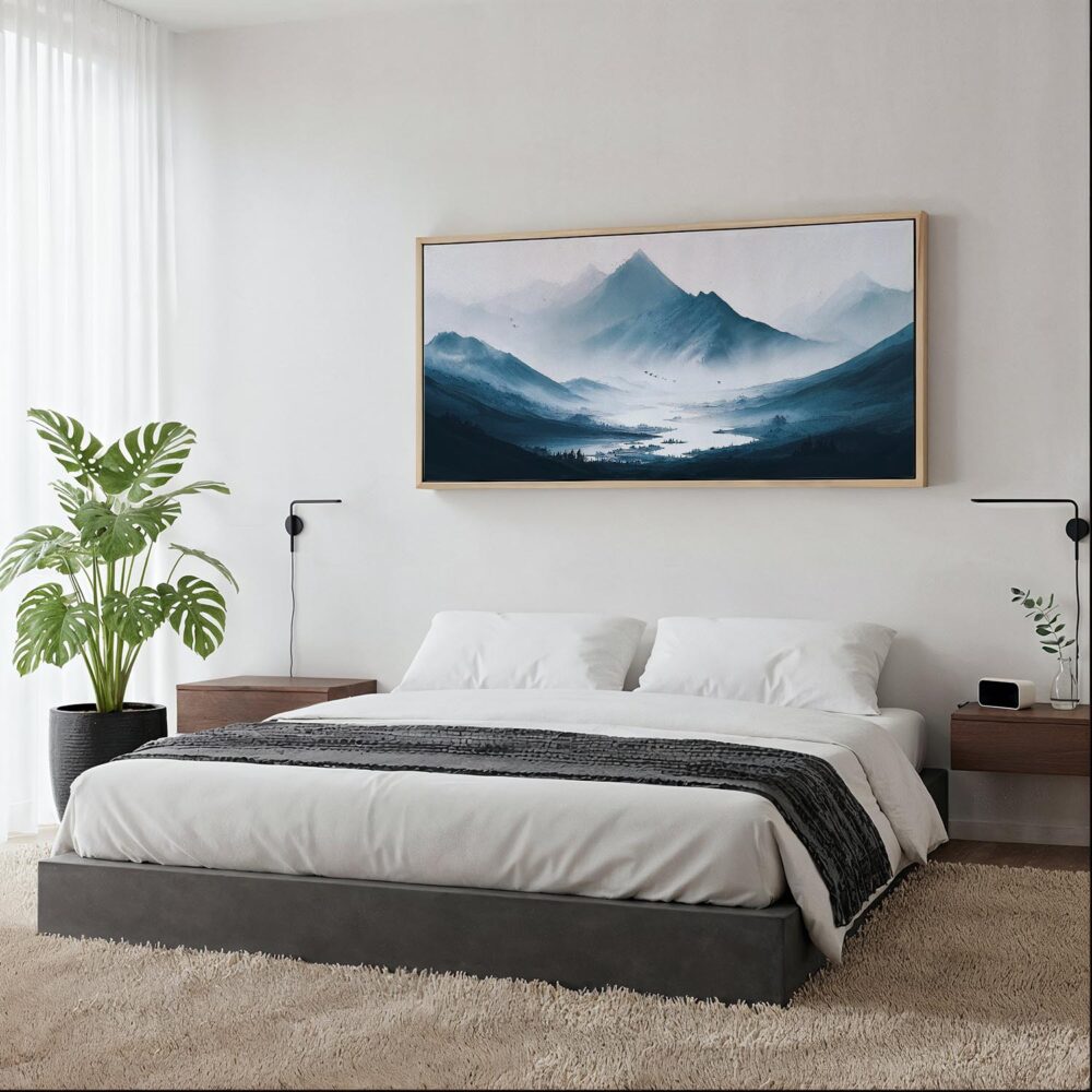 05 - Framed Misty Mountains Watercolor - Panorama Canvas Print - Woman in contemporary Bed Room.jpg 05 - Framed Misty Mountains Watercolor - Panorama Canvas Print - Woman in contemporary Bed Room.jpg