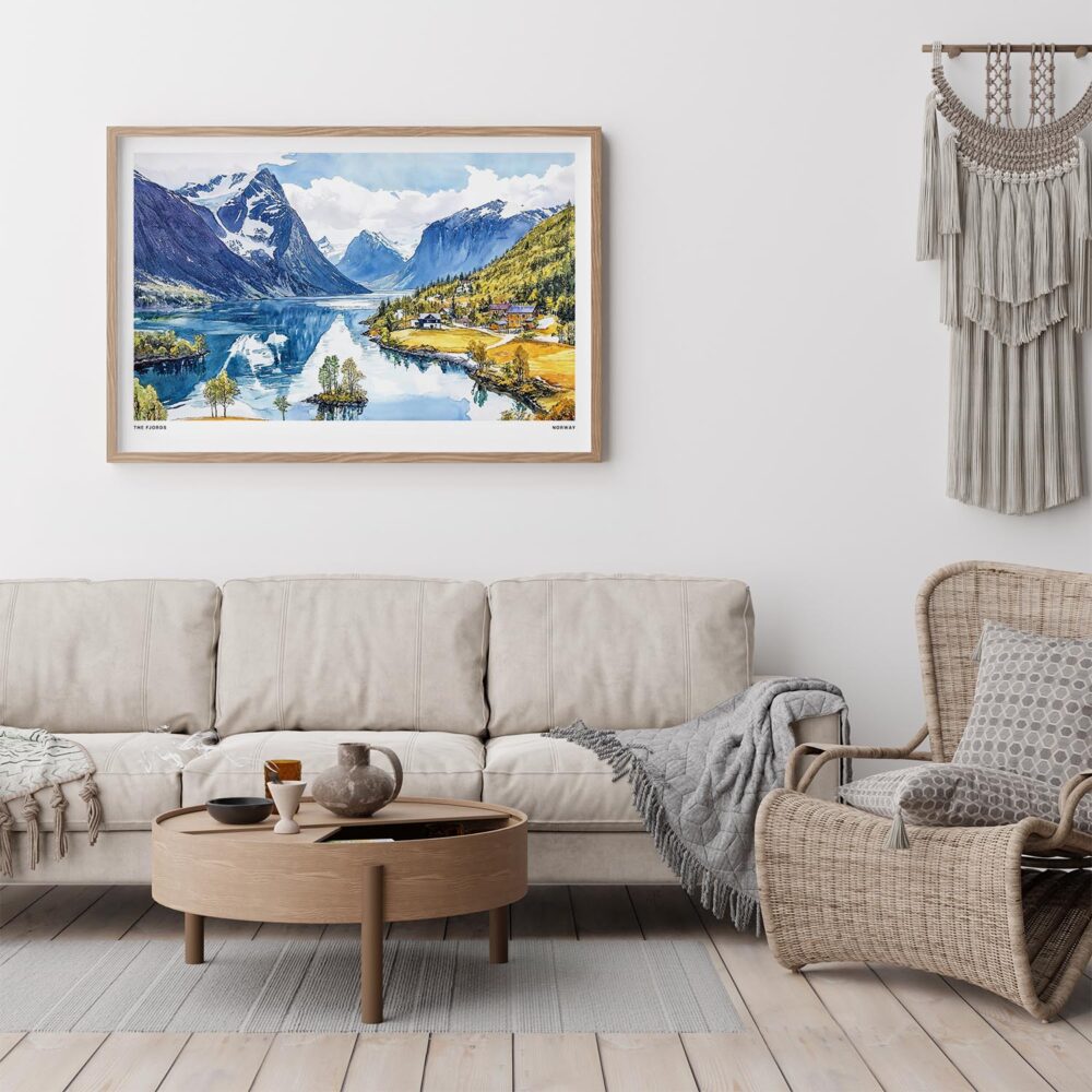 05 - Framed Norway Fjords Watercolor - Horizontal Art Print - Boho Living Room.jpg 05 - Framed Norway Fjords Watercolor - Horizontal Art Print - Boho Living Room.jpg