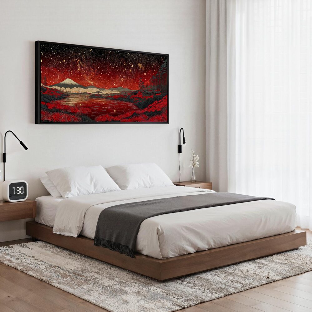 05 - Framed Red Japan Kusama Inspired Art - Panorama Canvas Print - Bedroom.jpg 05 - Framed Red Japan Kusama Inspired Art - Panorama Canvas Print - Bedroom.jpg