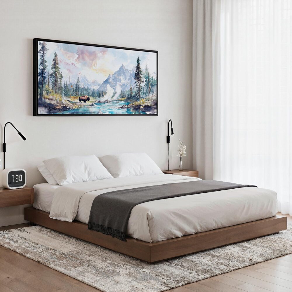 05 - Framed Yellowstone Watercolor - Panorama Canvas Print - Bedroom.jpg 05 - Framed Yellowstone Watercolor - Panorama Canvas Print - Bedroom.jpg