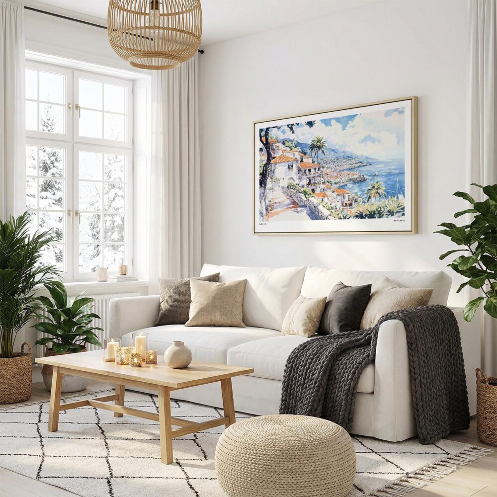 05 - Funchal Portugal Watercolor - Horizontal Canvas Print with Natural Floater Frame in modern Scandi Living Room.jpg 05 - Funchal Portugal Watercolor - Horizontal Canvas Print with Natural Floater Frame in modern Scandi Living Room.jpg