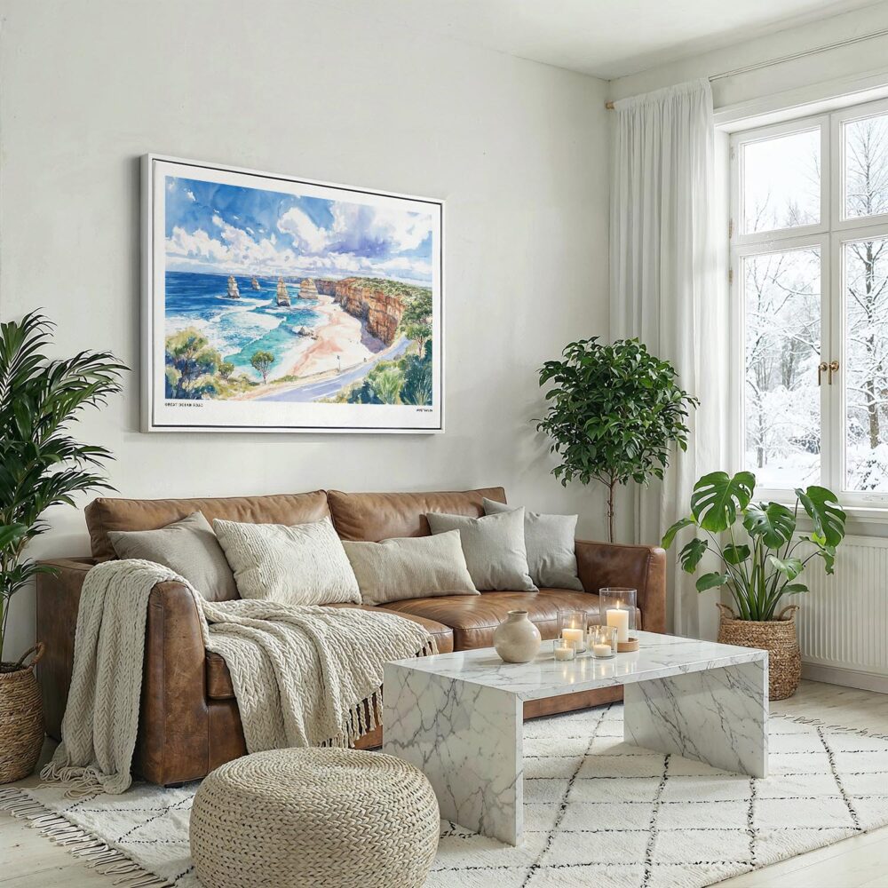05 - Great Ocean Road Australia Watercolor - Horizontal Canvas Print with White Floater Frame above Leather Couch.jpg 05 - Great Ocean Road Australia Watercolor - Horizontal Canvas Print with White Floater Frame above Leather Couch.jpg