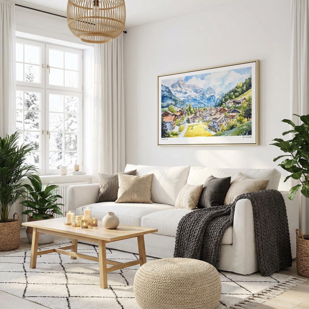 05 - Grindelwald Watercolor - Horizontal Canvas Print with Natural Floater Frame in modern Scandi Living Room.jpg 05 - Grindelwald Watercolor - Horizontal Canvas Print with Natural Floater Frame in modern Scandi Living Room.jpg