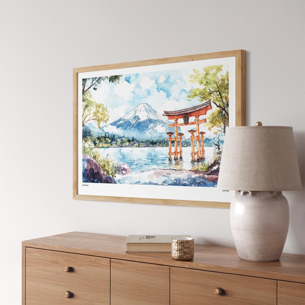 05 - Hakone Japan Watercolor - Horizontal Art Print in Natural Wood Frame Above Console.jpg 05 - Hakone Japan Watercolor - Horizontal Art Print in Natural Wood Frame Above Console.jpg
