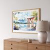 05 - Hakone Japan Watercolor - Horizontal Art Print in Natural Wood Frame Above Console.jpg