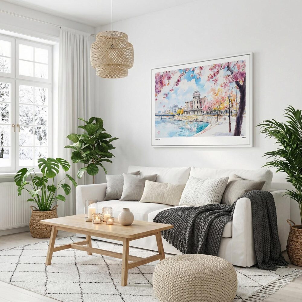 05 - Hiroshima Japan Watercolor - Horizontal Canvas Print with White Floater Frame in modern Scandi Living Room.jpg 05 - Hiroshima Japan Watercolor - Horizontal Canvas Print with White Floater Frame in modern Scandi Living Room.jpg