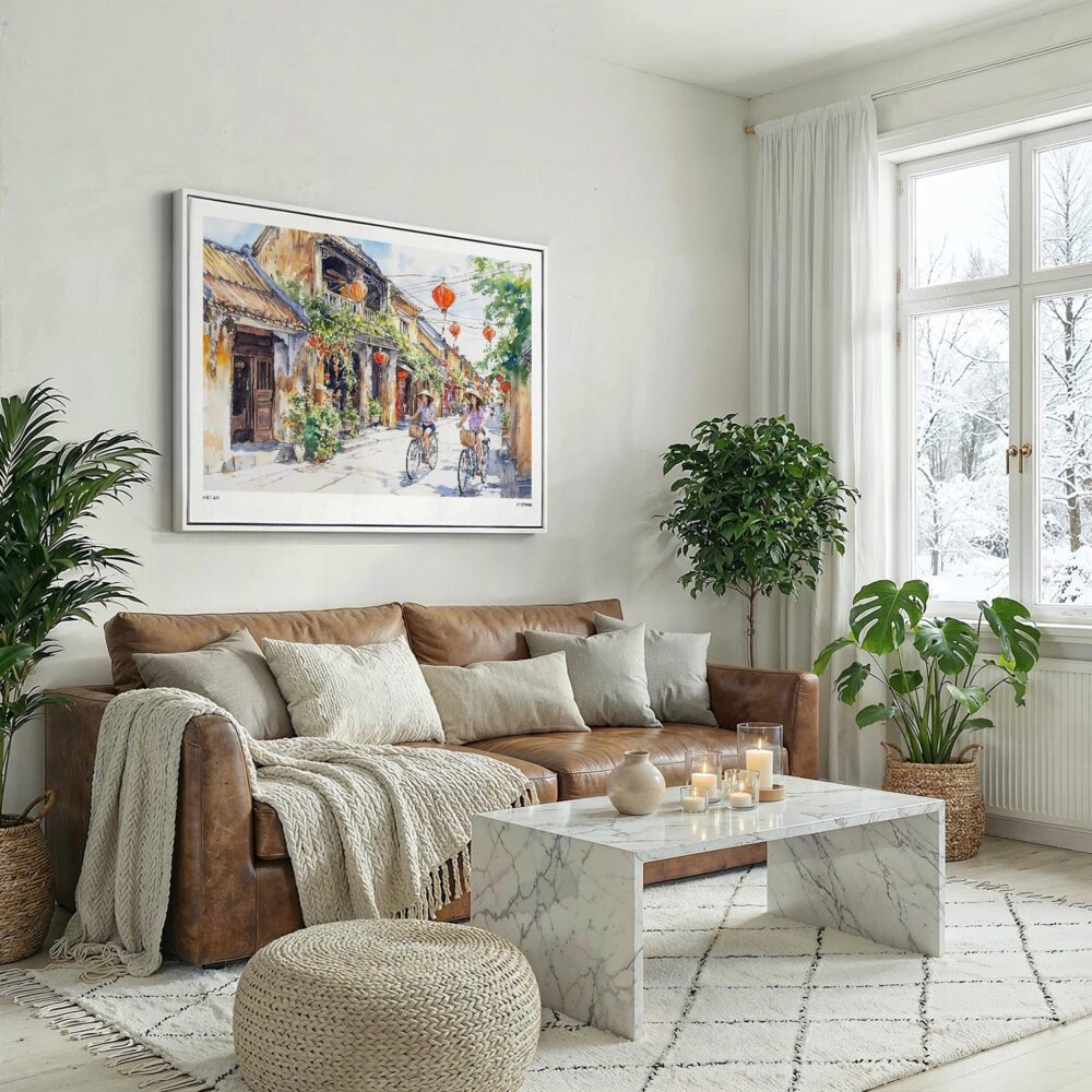 05 - Hoi An Vietnam Watercolor - Horizontal Canvas Print with White Floater Frame above Leather Couch.jpg 05 - Hoi An Vietnam Watercolor - Horizontal Canvas Print with White Floater Frame above Leather Couch.jpg