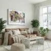 05 - Hoi An Vietnam Watercolor - Horizontal Canvas Print with White Floater Frame above Leather Couch.jpg