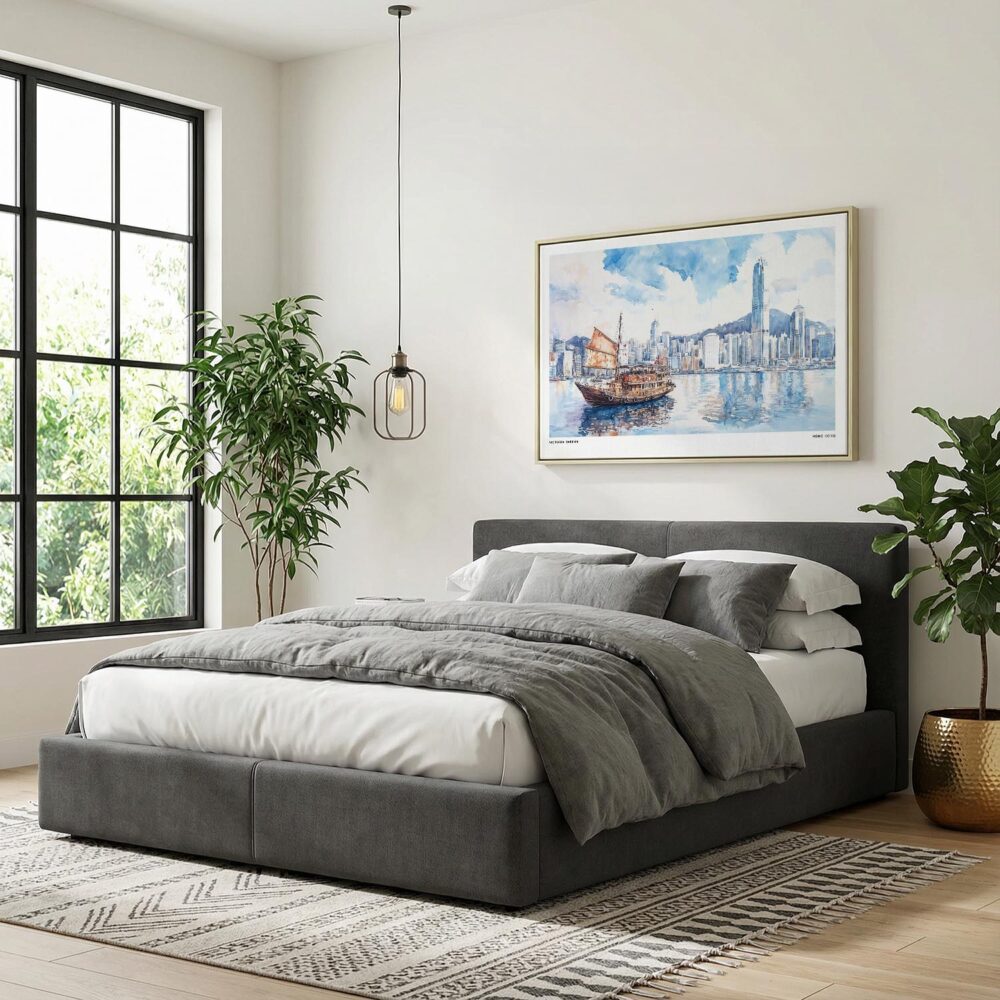 05 - Hong Kong Watercolor - Horizontal Canvas Print with Natural Floater Frame Above Bed.jpg 05 - Hong Kong Watercolor - Horizontal Canvas Print with Natural Floater Frame Above Bed.jpg