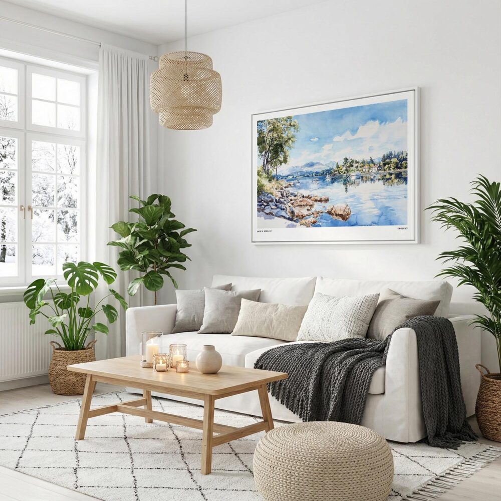 05 - Lake Windermere Watercolor - Horizontal Canvas Print with White Floater Frame in modern Scandi Living Room.jpg 05 - Lake Windermere Watercolor - Horizontal Canvas Print with White Floater Frame in modern Scandi Living Room.jpg