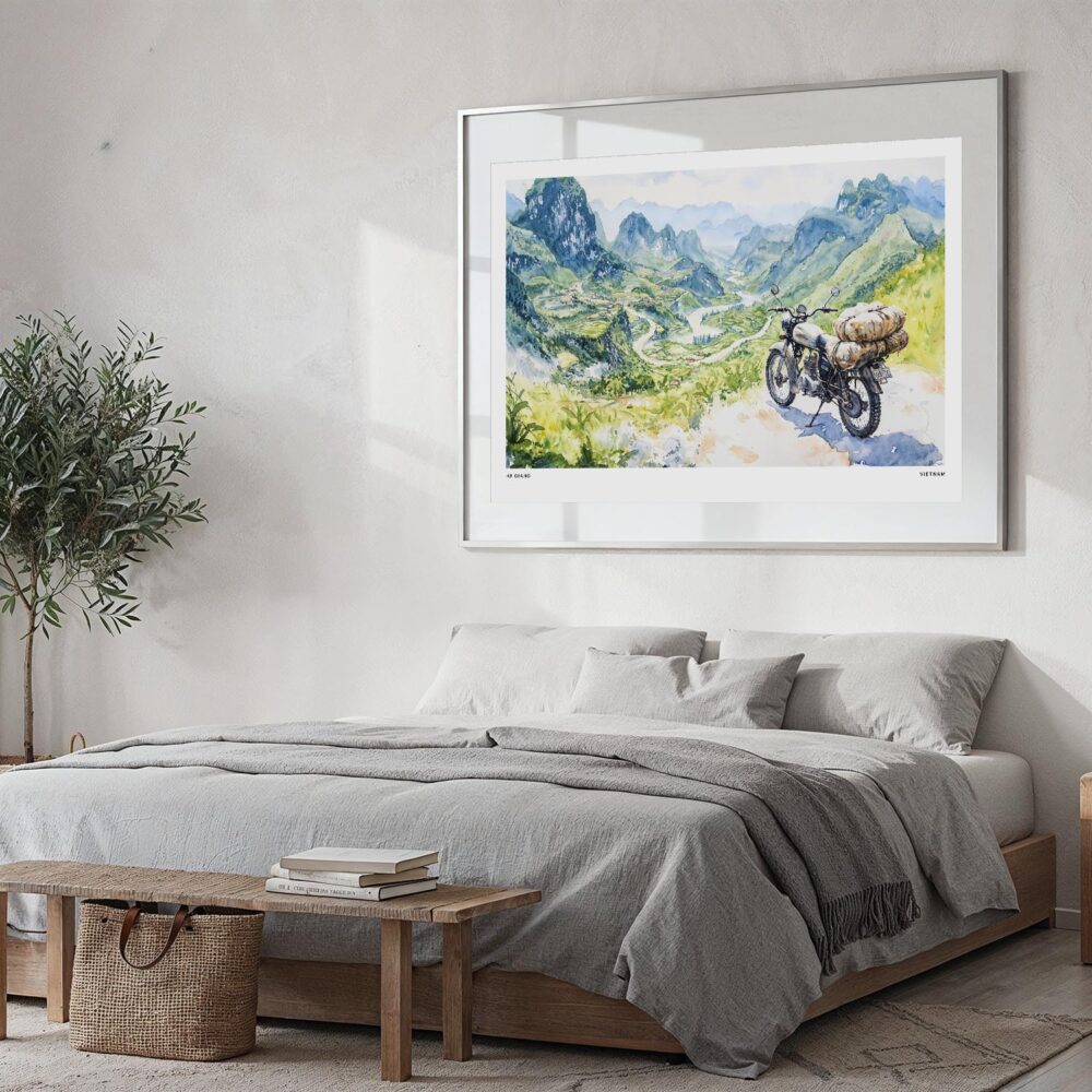 05 - Large Ha Giang Loop Watercolor - Horizontal Art Print in Bedroom with Silver Metal Frame.jpg 05 - Large Ha Giang Loop Watercolor - Horizontal Art Print in Bedroom with Silver Metal Frame.jpg