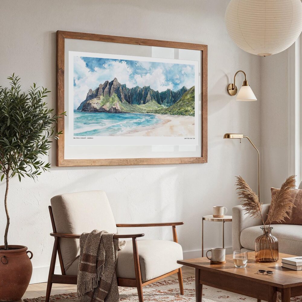 05 - Large Haiwaii Na Pali Coast Watercolor - Horizontal Art Print in Boho Living Room with vintage Wood frame.jpg 05 - Large Haiwaii Na Pali Coast Watercolor - Horizontal Art Print in Boho Living Room with vintage Wood frame.jpg