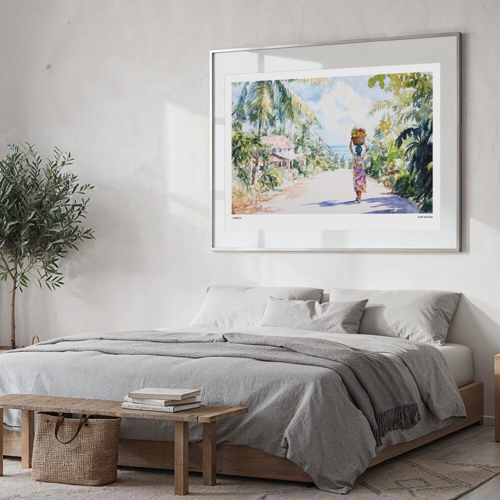 05 - Large Jamaica Watercolor - Horizontal Art Print in Bedroom with Silver Metal Frame.jpg 05 - Large Jamaica Watercolor - Horizontal Art Print in Bedroom with Silver Metal Frame.jpg