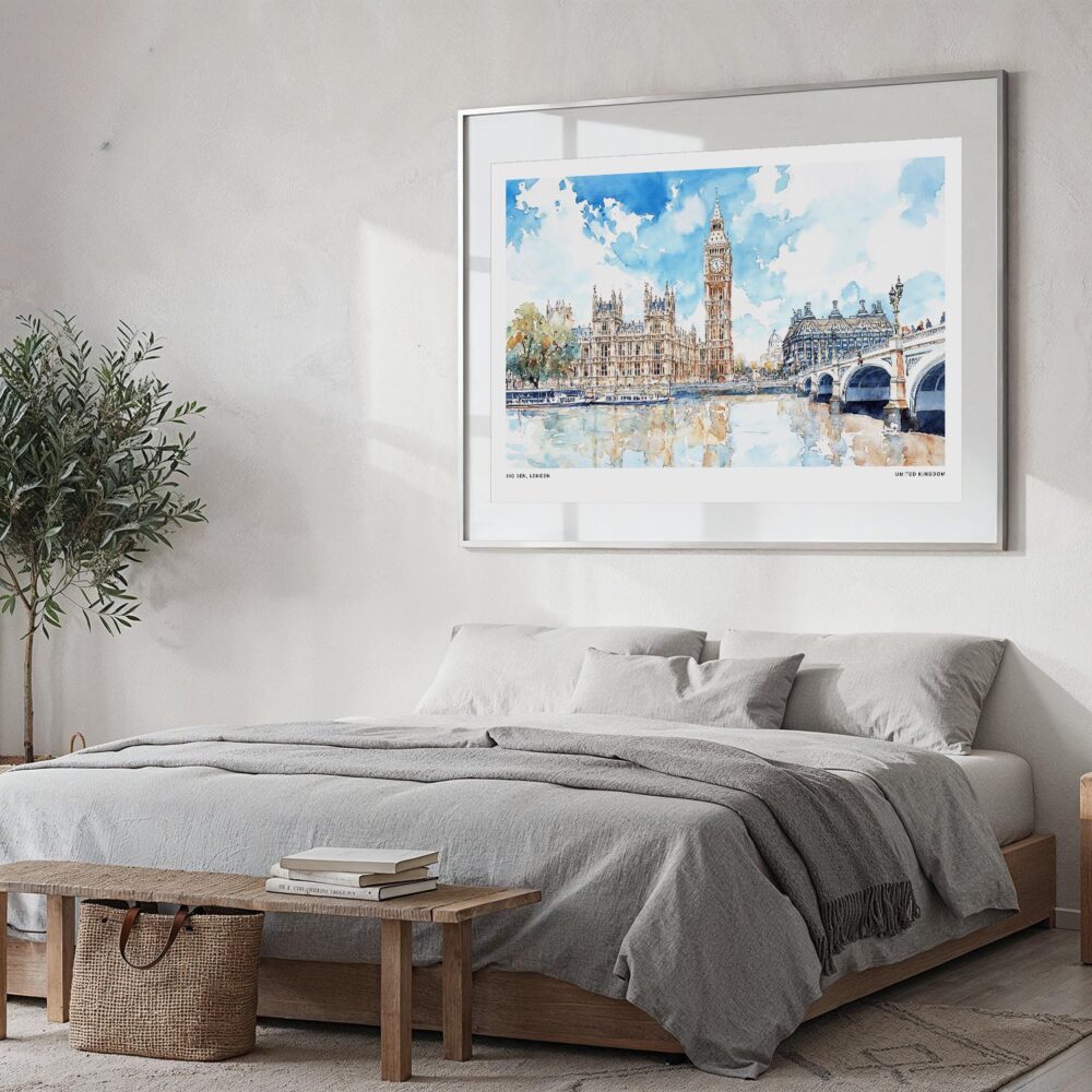 05 - Large London Big Ben Watercolor - Horizontal Art Print in Bedroom with Silver Metal Frame.jpg 05 - Large London Big Ben Watercolor - Horizontal Art Print in Bedroom with Silver Metal Frame.jpg
