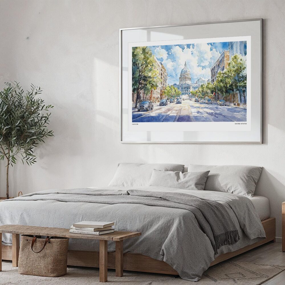 05 - Large Madison Watercolor - Horizontal Art Print in Bedroom with Silver Metal Frame.jpg 05 - Large Madison Watercolor - Horizontal Art Print in Bedroom with Silver Metal Frame.jpg