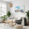 05 - London Big Ben Watercolor - Horizontal Canvas Print with White Floater Frame in modern Scandi Living Room.jpg