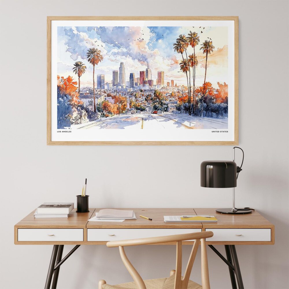 05 - Los Angeles Skyline Watercolor - Horizontal Art Print in Natural Wood Frame above work desk.jpg 05 - Los Angeles Skyline Watercolor - Horizontal Art Print in Natural Wood Frame above work desk.jpg