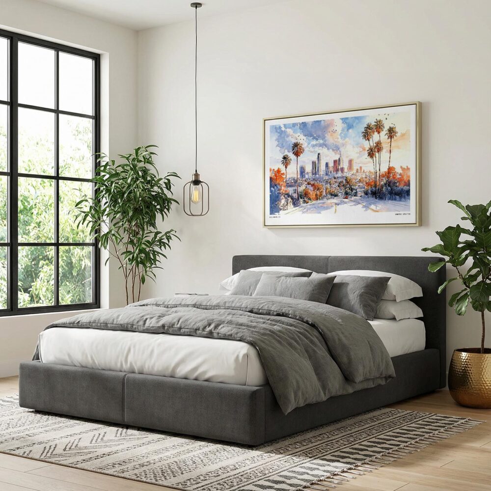 05 - Los Angeles Skyline Watercolor - Horizontal Canvas Print with Natural Floater Frame Above Bed.jpg 05 - Los Angeles Skyline Watercolor - Horizontal Canvas Print with Natural Floater Frame Above Bed.jpg