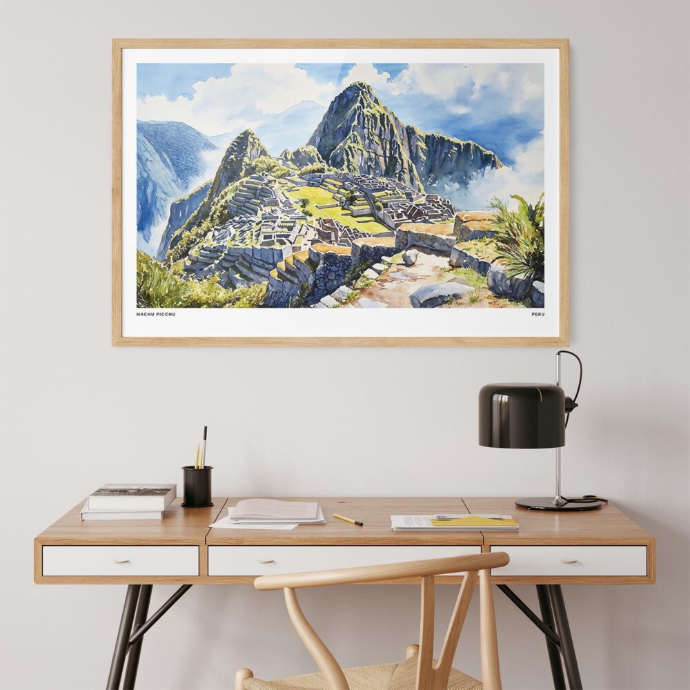 05 - Machu Picchu Watercolor - Horizontal Art Print in Natural Wood Frame above work desk.jpg 05 - Machu Picchu Watercolor - Horizontal Art Print in Natural Wood Frame above work desk.jpg