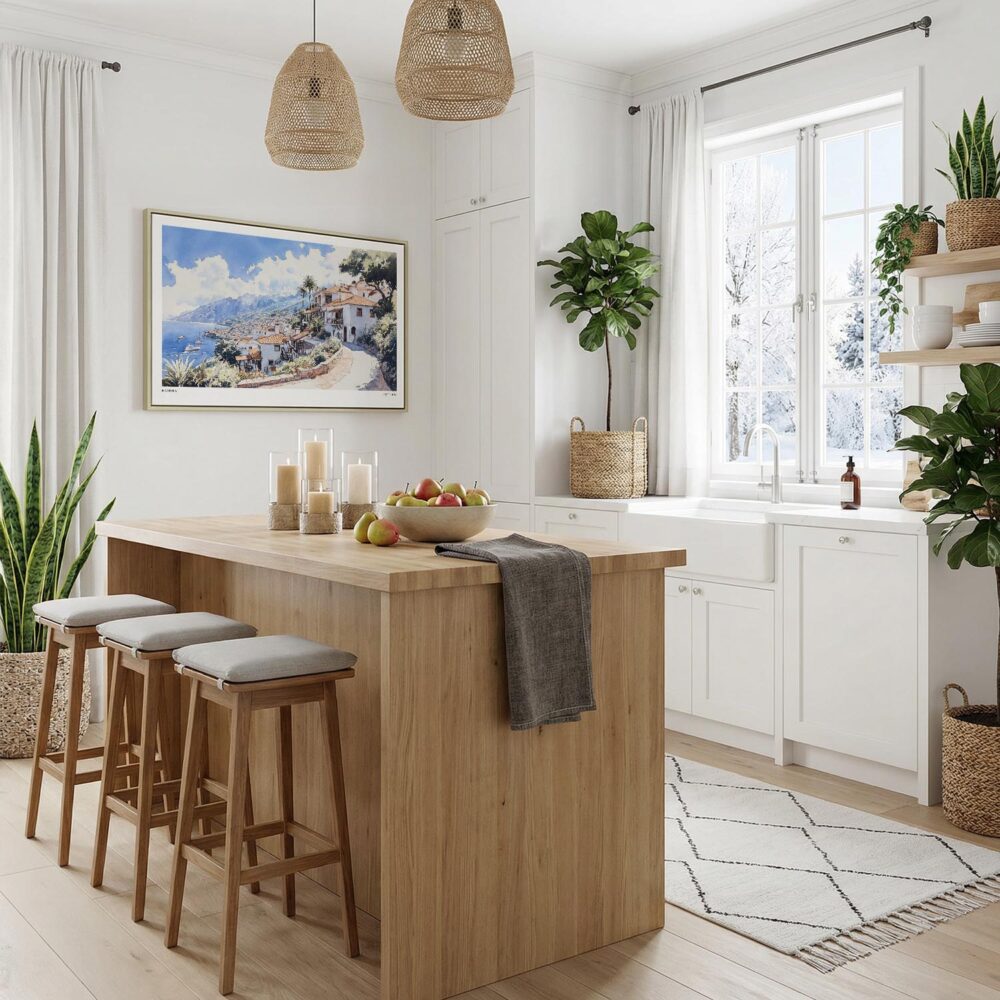 05 - Madeira Portugal Watercolor - Horizontal Canvas Print with Natural Floater Frame in Kitchen.jpg 05 - Madeira Portugal Watercolor - Horizontal Canvas Print with Natural Floater Frame in Kitchen.jpg