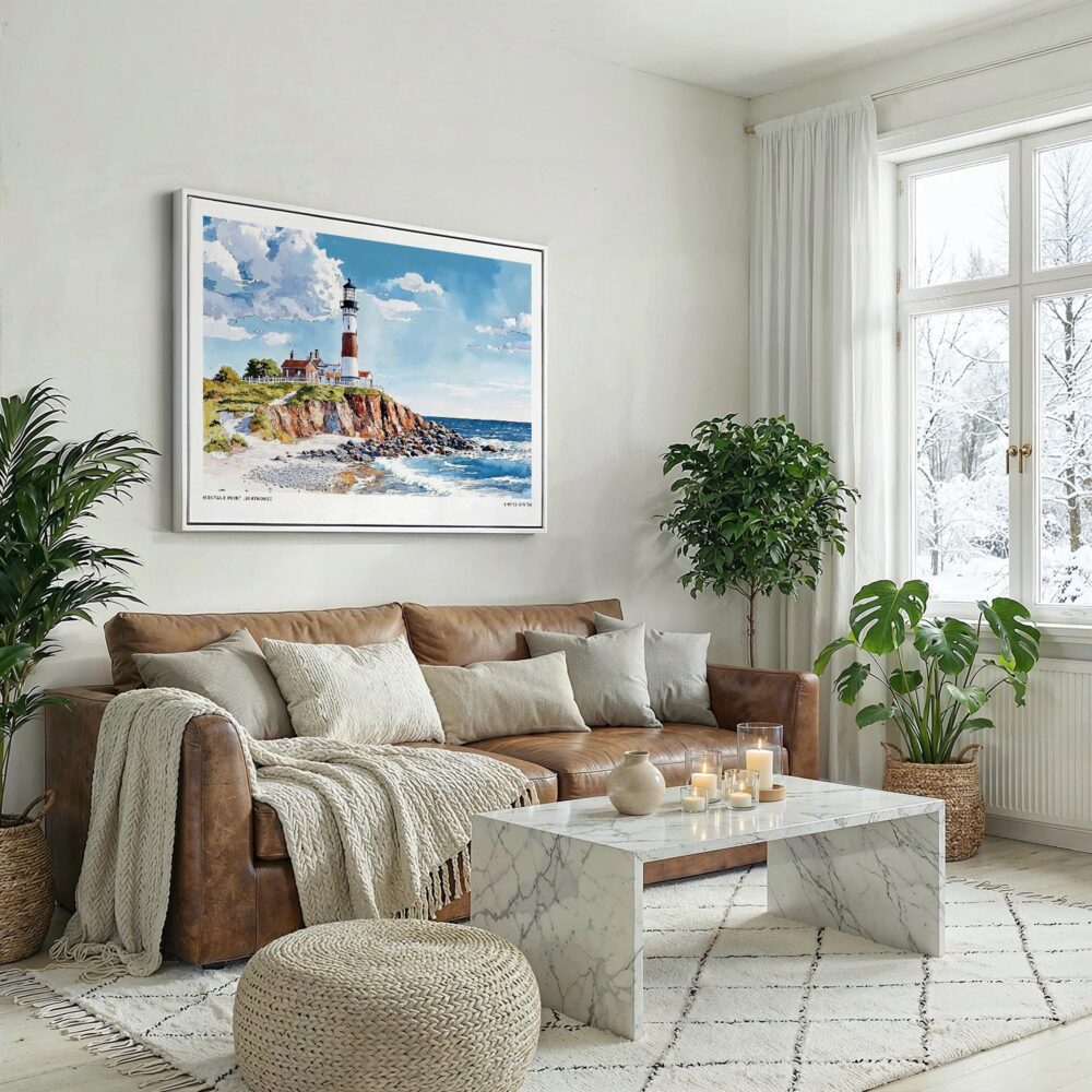 05 - Montauk point lighthouse Watercolor - Horizontal Canvas Print with White Floater Frame above Leather Couch.jpg 05 - Montauk point lighthouse Watercolor - Horizontal Canvas Print with White Floater Frame above Leather Couch.jpg