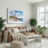 05 - Montauk point lighthouse Watercolor - Horizontal Canvas Print with White Floater Frame above Leather Couch.jpg