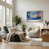 05 - Scandianvian Living Room with Fairbanks Alaska Northern Lights Watercolor - Horizontal Canvas Print in Natural Floater Frame.jpg