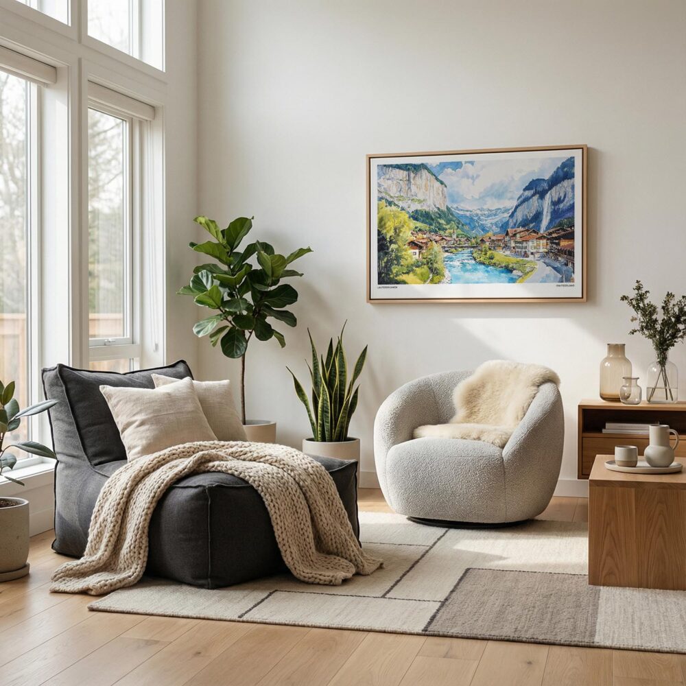05 - Scandianvian Living Room with Lauterbrunnen Watercolor - Horizontal Canvas Print in Natural Floater Frame.jpg 05 - Scandianvian Living Room with Lauterbrunnen Watercolor - Horizontal Canvas Print in Natural Floater Frame.jpg