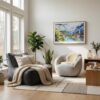 05 - Scandianvian Living Room with Lauterbrunnen Watercolor - Horizontal Canvas Print in Natural Floater Frame.jpg