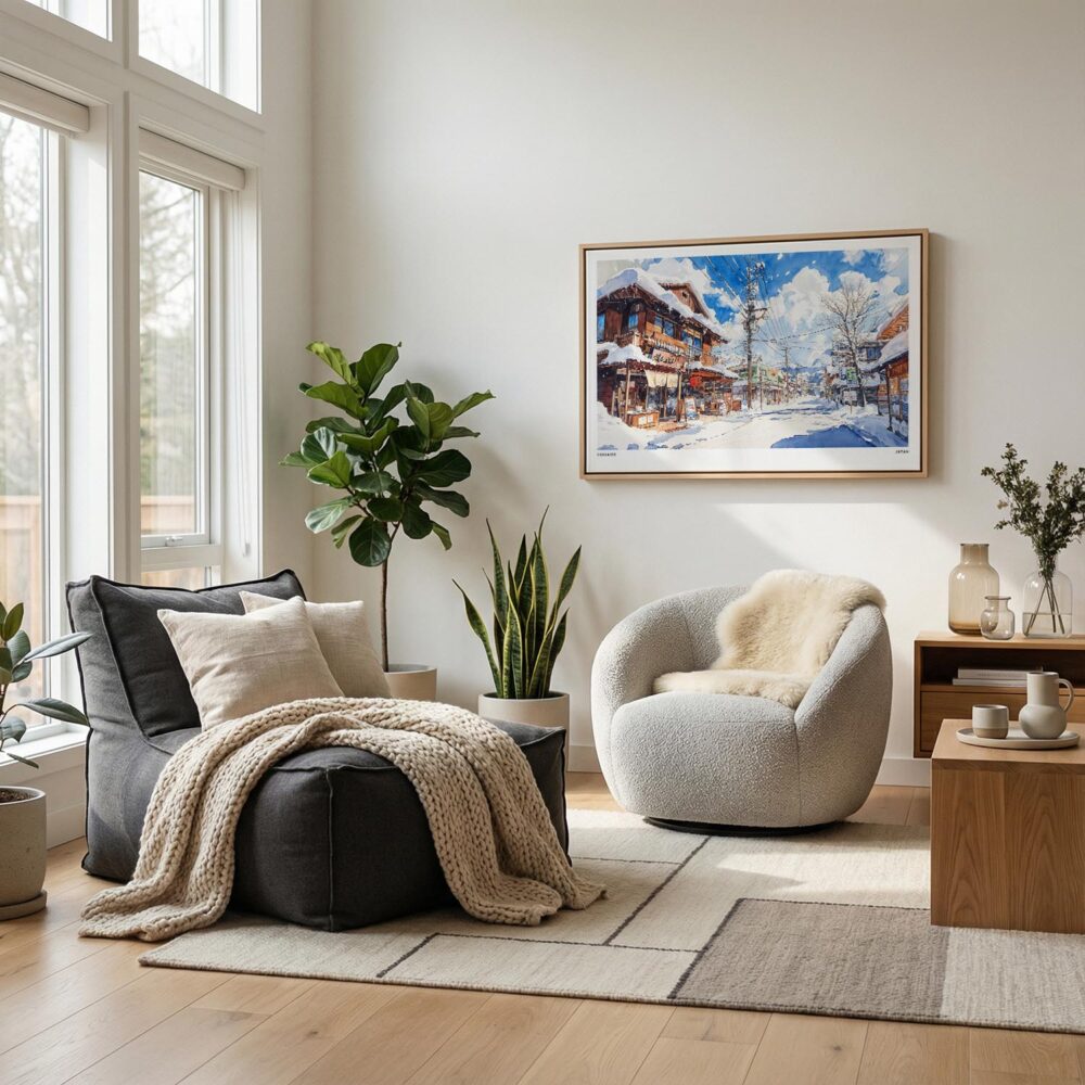 05 - Scandianvian Living Room with Winter in Hokkaido Watercolor - Horizontal Canvas Print in Natural Floater Frame.jpg 05 - Scandianvian Living Room with Winter in Hokkaido Watercolor - Horizontal Canvas Print in Natural Floater Frame.jpg
