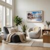 05 - Scandianvian Living Room with Winter in Hokkaido Watercolor - Horizontal Canvas Print in Natural Floater Frame.jpg