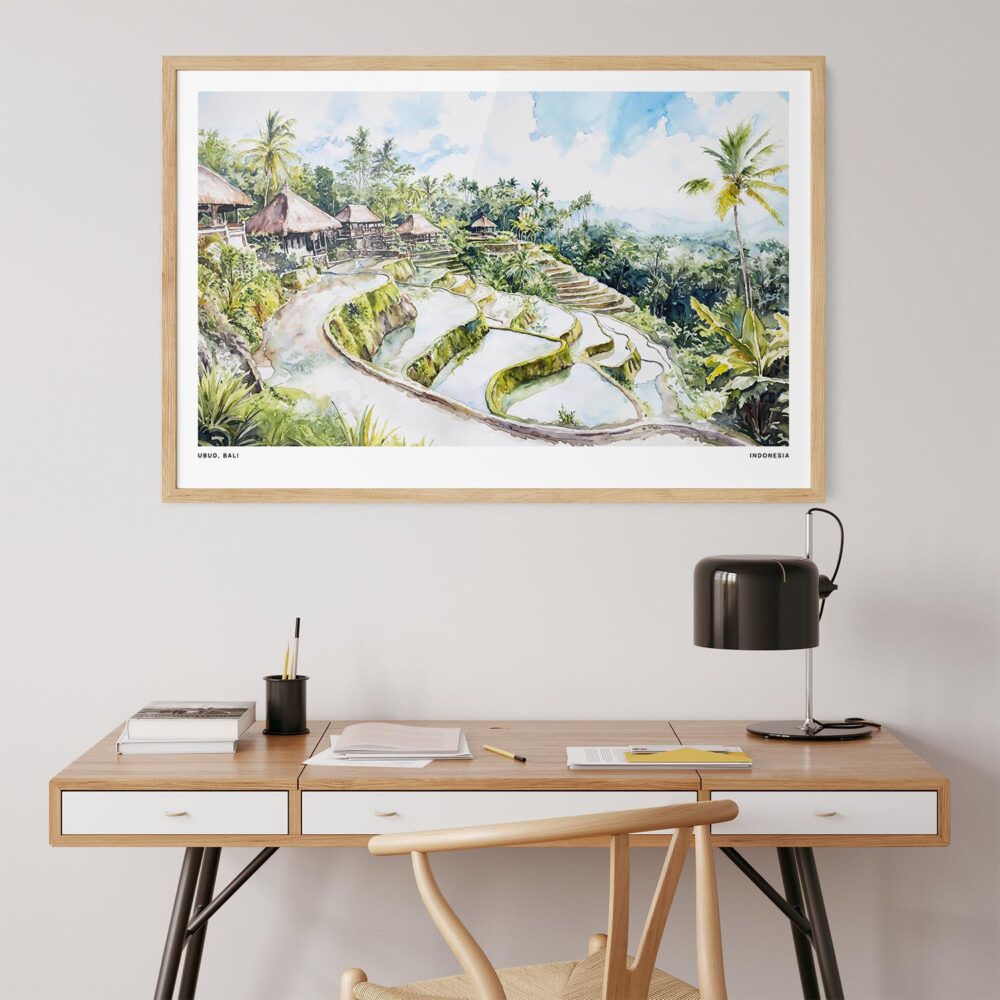 05 - Ubud Bali Watercolor - Horizontal Art Print in Natural Wood Frame above work desk.jpg 05 - Ubud Bali Watercolor - Horizontal Art Print in Natural Wood Frame above work desk.jpg