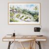 05 - Ubud Bali Watercolor - Horizontal Art Print in Natural Wood Frame above work desk.jpg