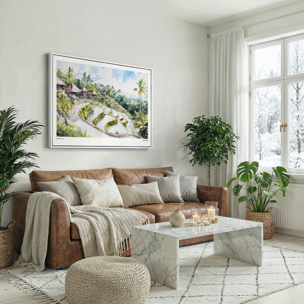 05 - Ubud Bali Watercolor - Horizontal Canvas Print with White Floater Frame above Leather Couch.jpg 05 - Ubud Bali Watercolor - Horizontal Canvas Print with White Floater Frame above Leather Couch.jpg