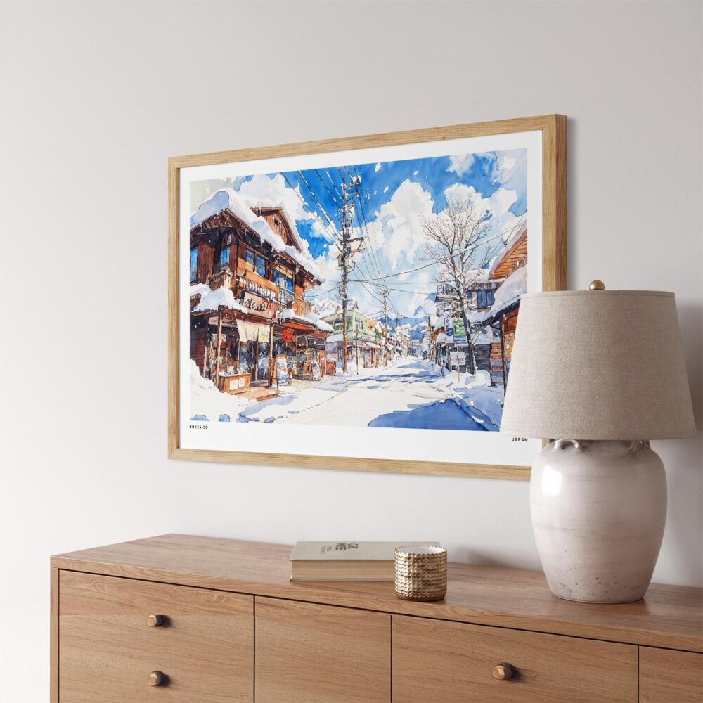 05 - Winter in Hokkaido Watercolor - Horizontal Art Print in Natural Wood Frame Above Console.jpg 05 - Winter in Hokkaido Watercolor - Horizontal Art Print in Natural Wood Frame Above Console.jpg