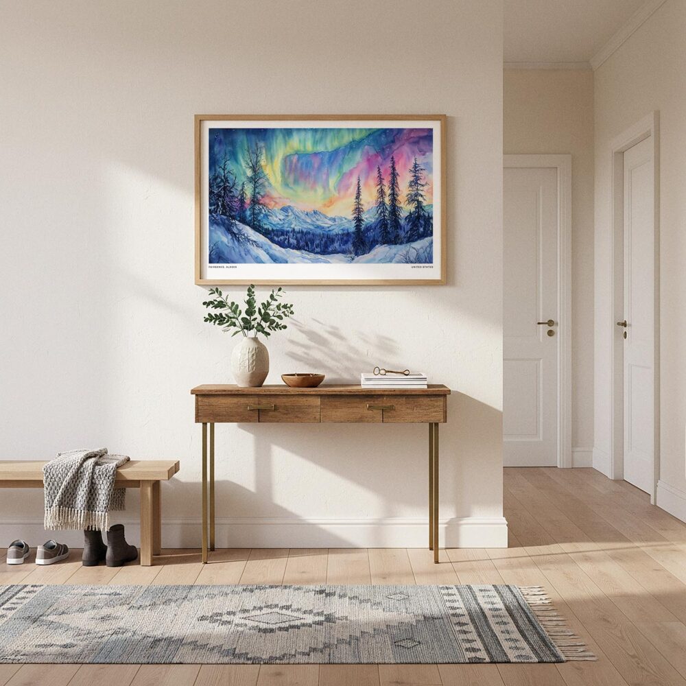 06 - A Framed Fairbanks Alaska Northern Lights Watercolor - Horizontal Art Print hanging in Hallway.jpg 06 - A Framed Fairbanks Alaska Northern Lights Watercolor - Horizontal Art Print hanging in Hallway.jpg