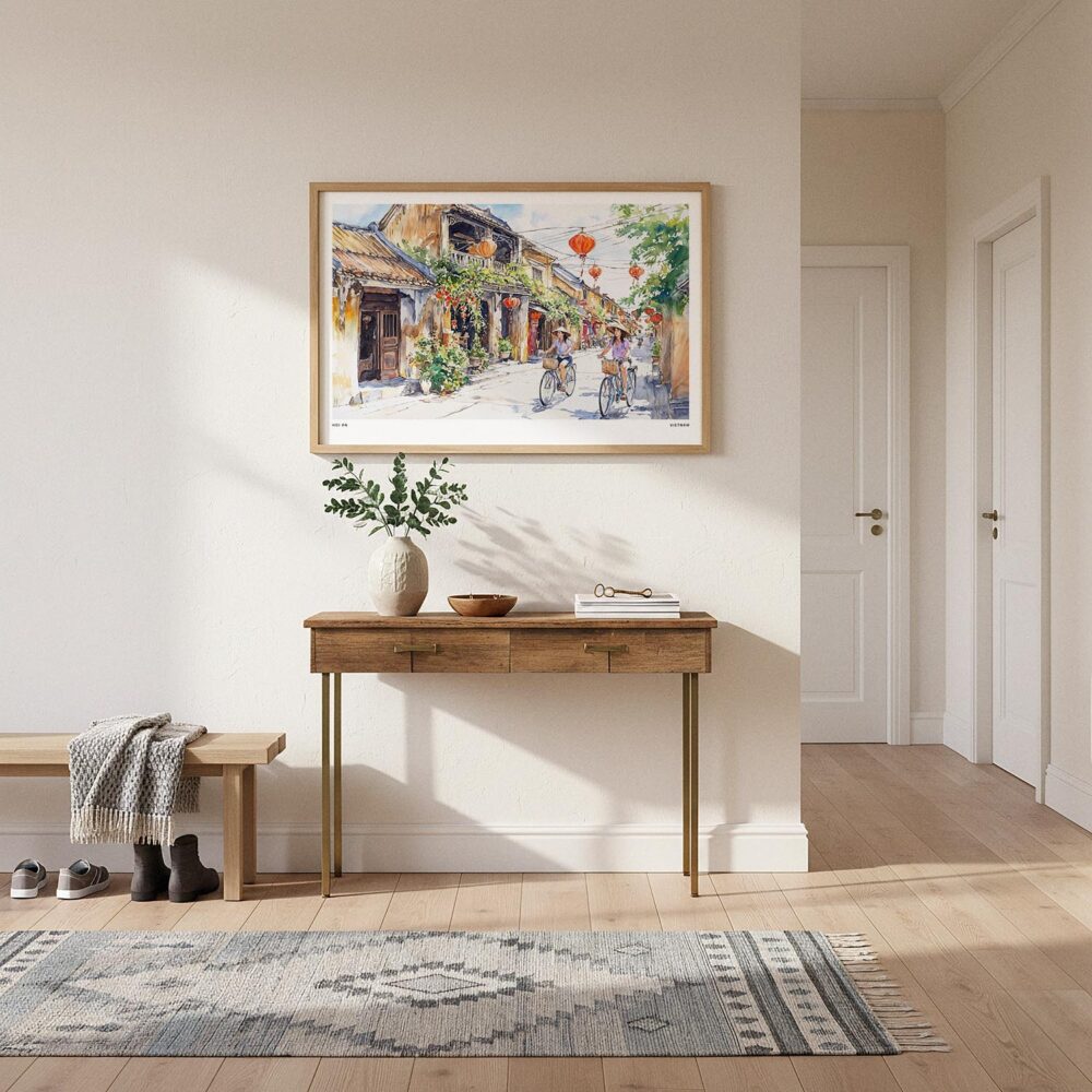 06 - A Framed Hoi An Vietnam Watercolor - Horizontal Art Print hanging in Hallway.jpg 06 - A Framed Hoi An Vietnam Watercolor - Horizontal Art Print hanging in Hallway.jpg