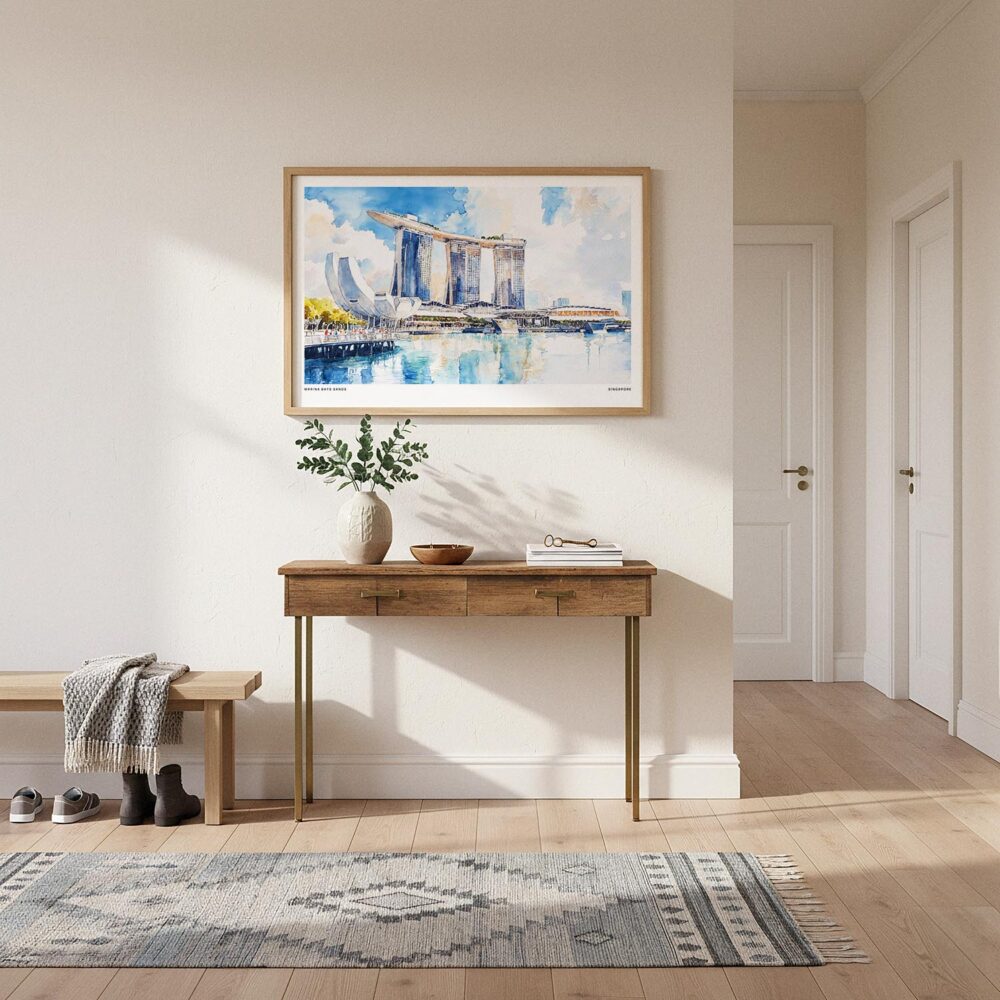 06 - A Framed Singapore Marina Bays Sands Watercolor - Horizontal Art Print hanging in Hallway.jpg 06 - A Framed Singapore Marina Bays Sands Watercolor - Horizontal Art Print hanging in Hallway.jpg