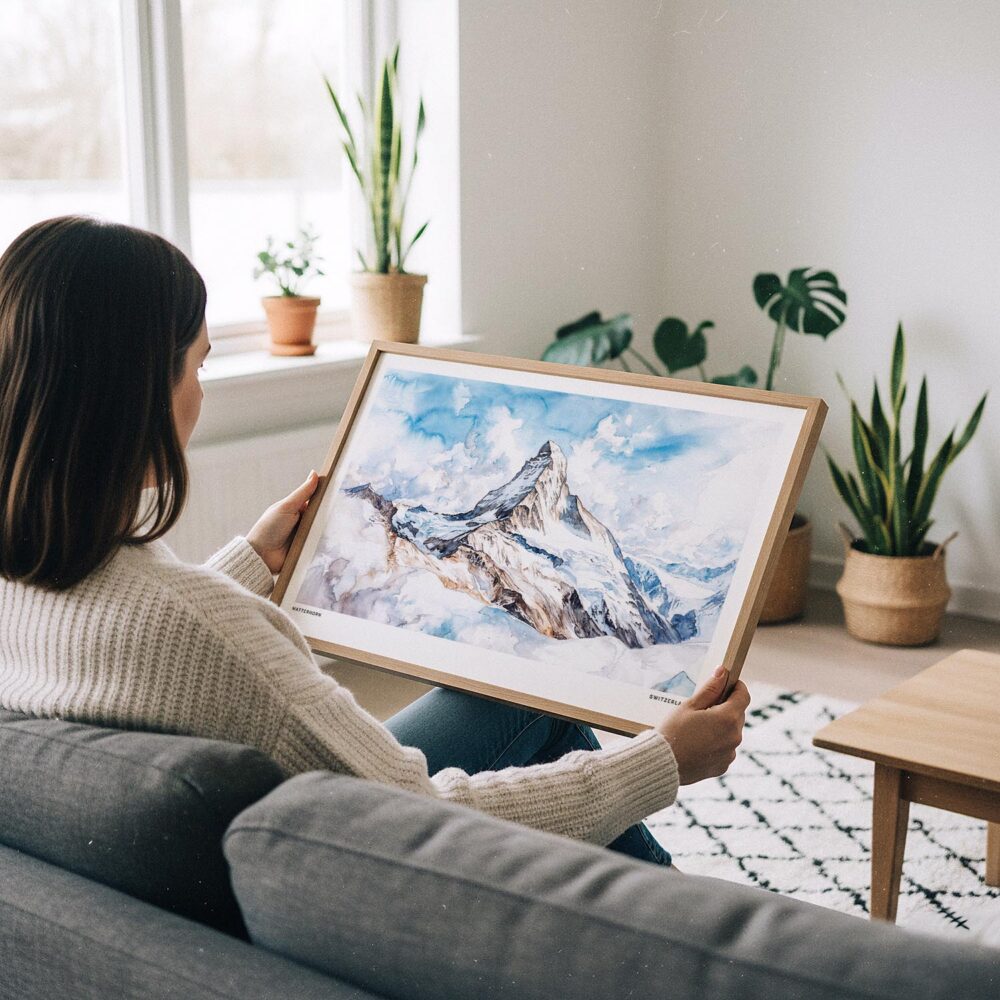 06 - A Woman Holding A Framed Matterhorn Watercolor - Horizontal Art Print.jpg 06 - A Woman Holding A Framed Matterhorn Watercolor - Horizontal Art Print.jpg