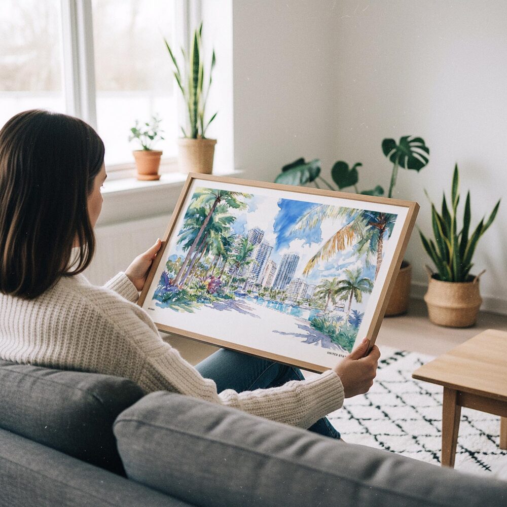 06 - A Woman Holding A Framed Miami Gardens Watercolor - Horizontal Art Print.jpg 06 - A Woman Holding A Framed Miami Gardens Watercolor - Horizontal Art Print.jpg
