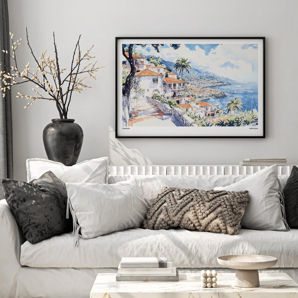 06 - Black Framed Funchal Portugal Watercolor - Horizontal Art Print in Scandi Living Room Above Couch.jpg 06 - Black Framed Funchal Portugal Watercolor - Horizontal Art Print in Scandi Living Room Above Couch.jpg