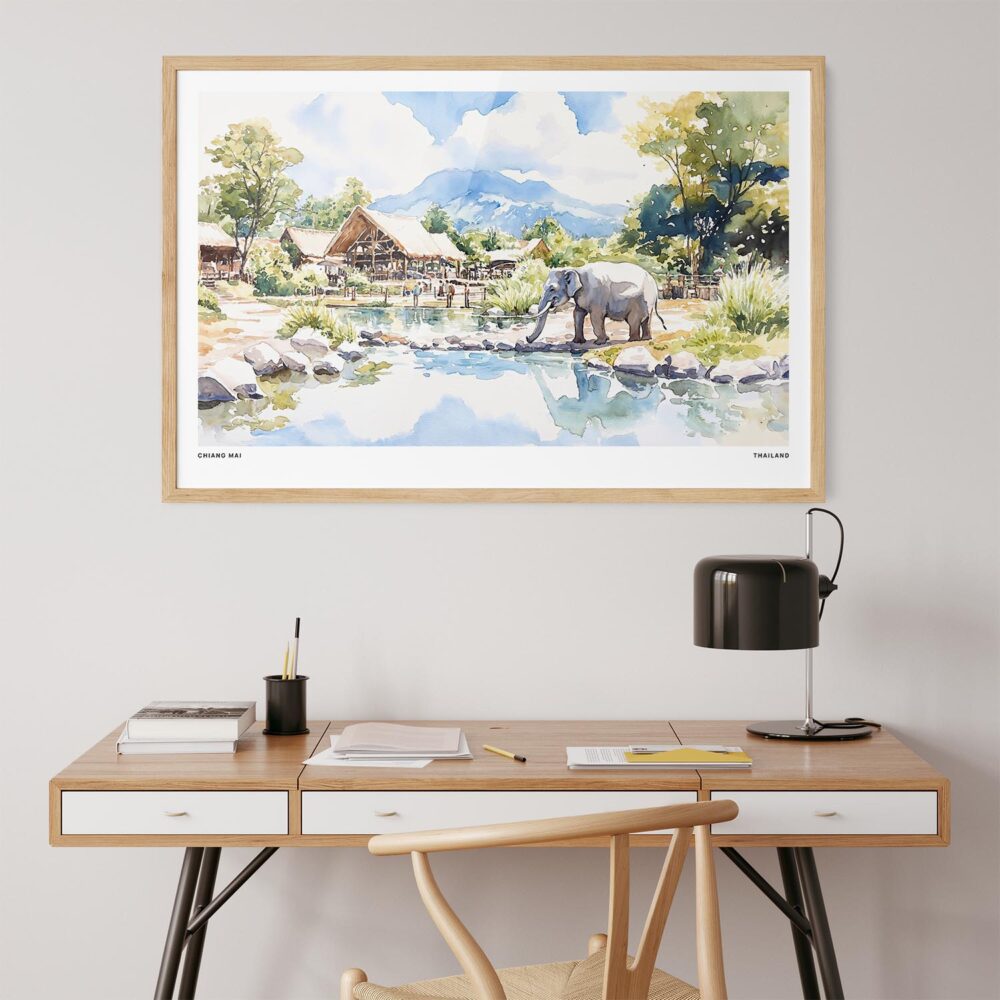 06 - Chiang Mai Thailand Watercolor - Horizontal Art Print in Natural Wood Frame above work desk.jpg 06 - Chiang Mai Thailand Watercolor - Horizontal Art Print in Natural Wood Frame above work desk.jpg