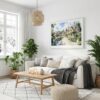 06 - Cotswolds England Watercolor - Horizontal Canvas Print with White Floater Frame in modern Scandi Living Room.jpg