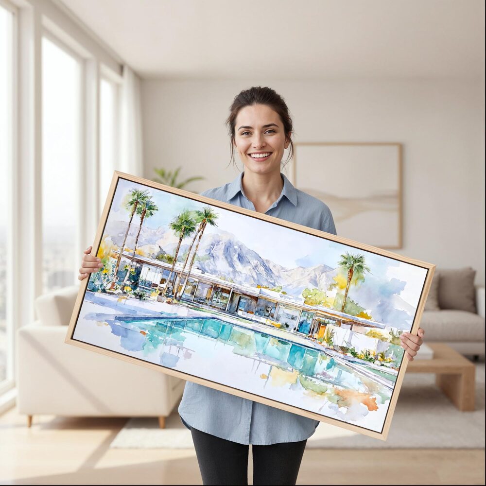 06 - Framed Abstract Midcentury Palm Springs Watercolor - Panorama Canvas Print - Woman in Living Room.jpg 06 - Framed Abstract Midcentury Palm Springs Watercolor - Panorama Canvas Print - Woman in Living Room.jpg