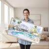 06 - Framed Abstract Midcentury Palm Springs Watercolor - Panorama Canvas Print - Woman in Living Room.jpg