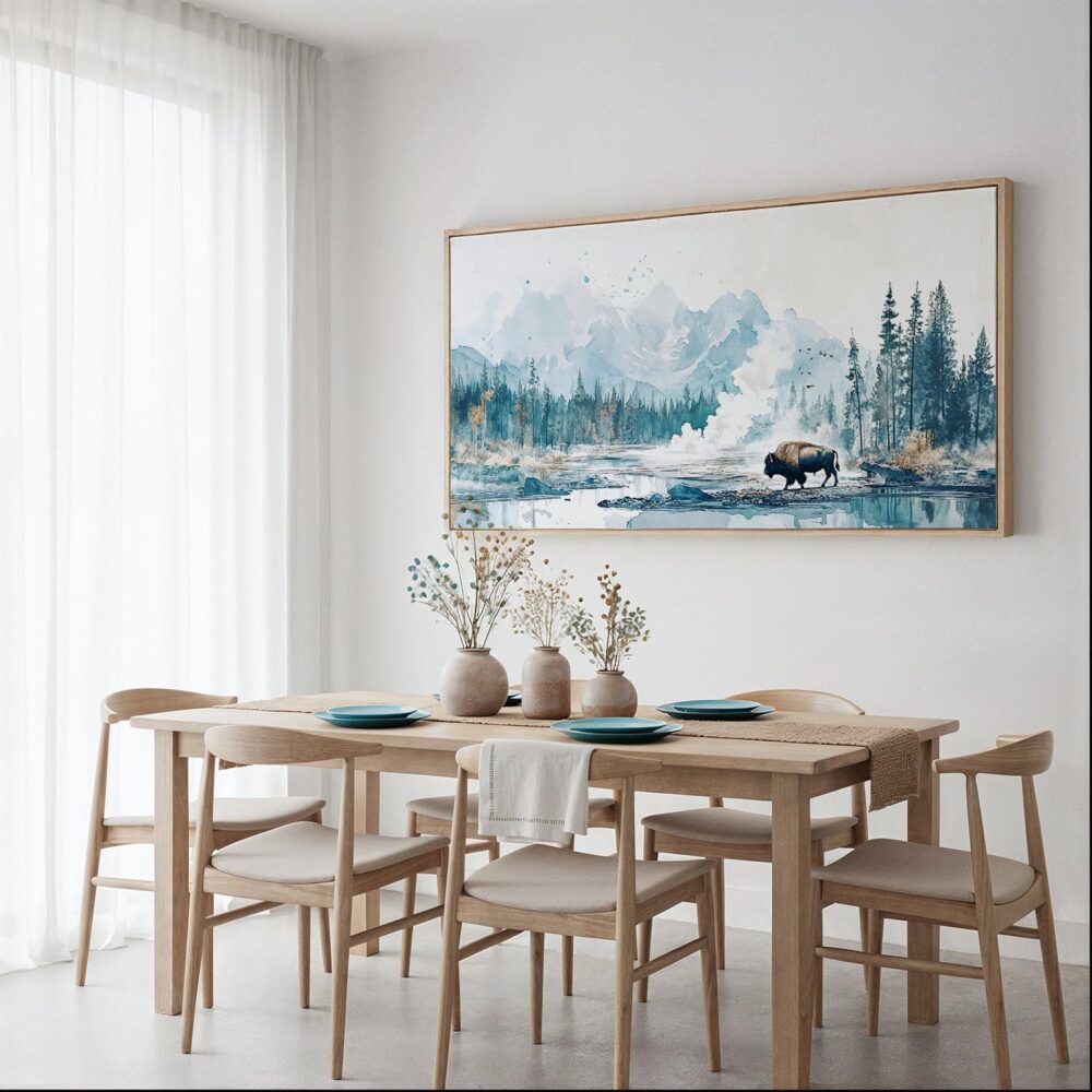 06 - Framed Cold Yellowstone Bison Watercolor - Panorama Canvas Print - Dining Table.jpg 06 - Framed Cold Yellowstone Bison Watercolor - Panorama Canvas Print - Dining Table.jpg