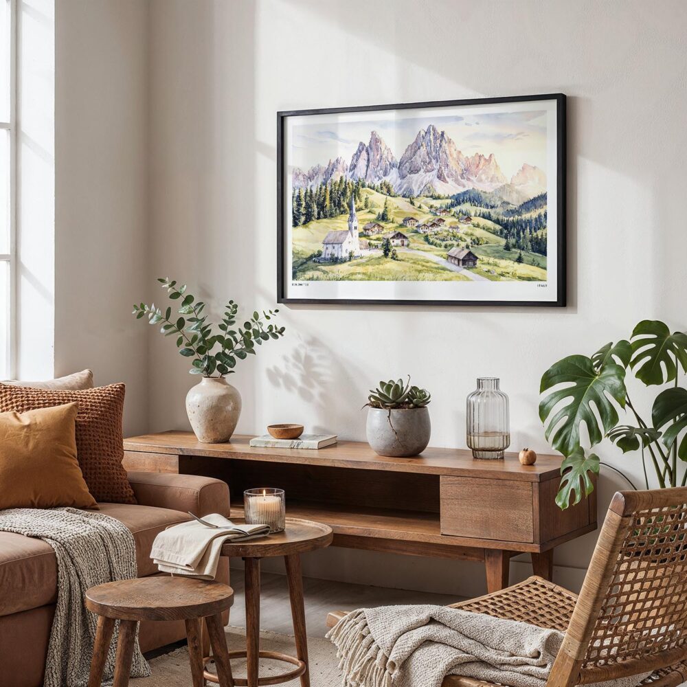 06 - Framed Dolomites Watercolor - Horizontal Art Print in Boho Living Room.jpg 06 - Framed Dolomites Watercolor - Horizontal Art Print in Boho Living Room.jpg