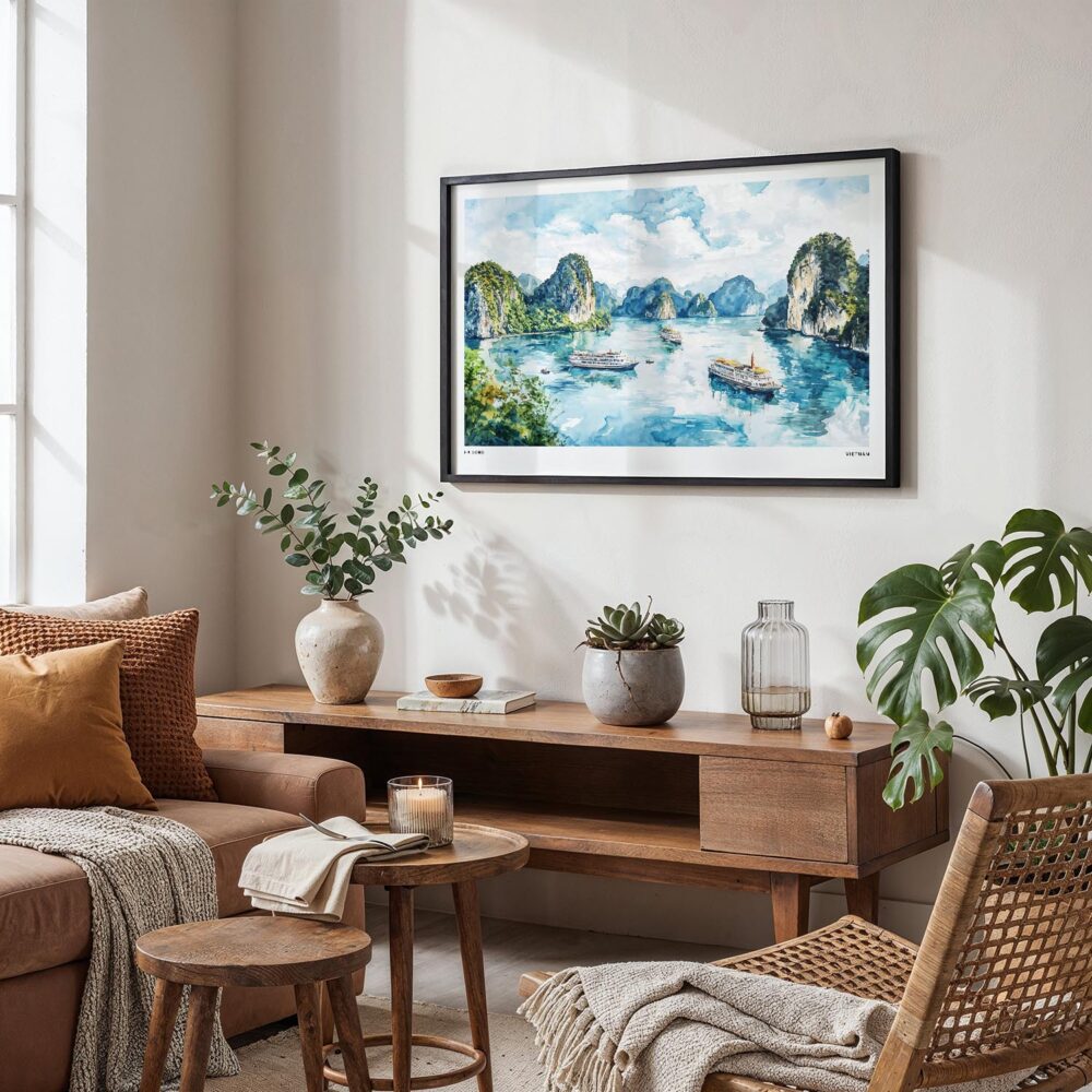 06 - Framed Ha Long Vietnam Watercolor - Horizontal Art Print in Boho Living Room.jpg 06 - Framed Ha Long Vietnam Watercolor - Horizontal Art Print in Boho Living Room.jpg