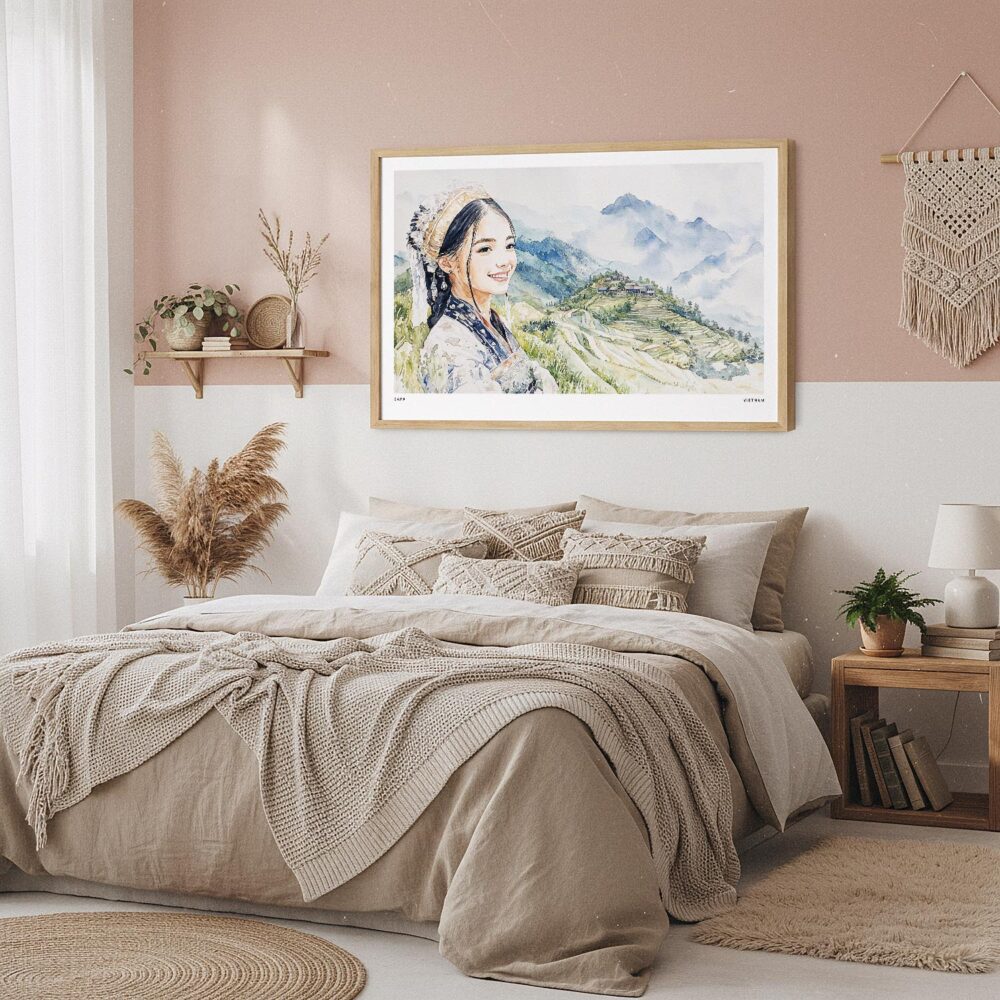 06 - Framed Hmong Woman in Sapa Vietnam Watercolor - Horizontal Art Print in Boho Bedroom.jpg 06 - Framed Hmong Woman in Sapa Vietnam Watercolor - Horizontal Art Print in Boho Bedroom.jpg