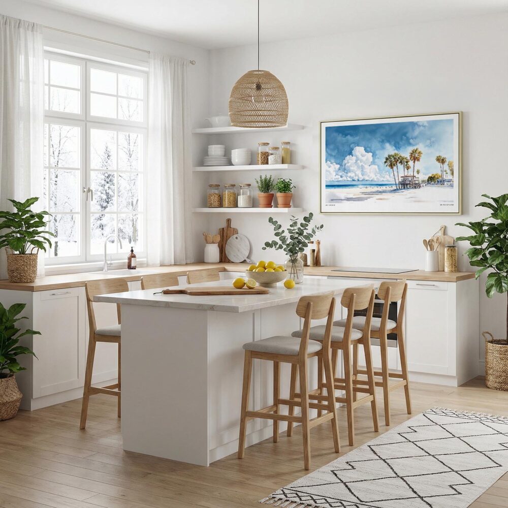 06 - Framed Los Angeles Beach Watercolor - Horizontal Canvas Print in Modern Kitchen.jpg 06 - Framed Los Angeles Beach Watercolor - Horizontal Canvas Print in Modern Kitchen.jpg